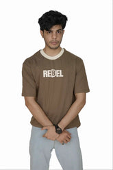 Kapda Kulture brown puff print oversized t shirt for men India rebel typography front view streetwear