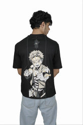 Kapda Kulture black puff print oversized t shirt for men India akaza demon slayer inspired anime graphic back view