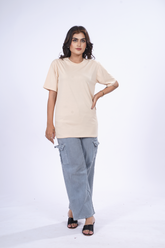 Cream Soft Beige Women Plain T-Shirt