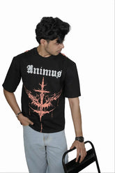 Kapda Kulture black puff print oversized t shirt for men India Animus graphic front view