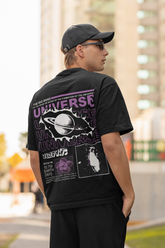 Back View Universe Men Black Oversized T-Shirt - Kapda Kulture