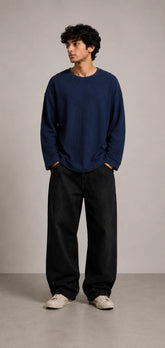 Navy Blue Waffle Knit Oversized Full Sleeve T-Shirt