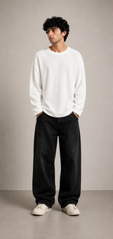 Off White Waffle Knit Oversized Full Sleeve T-Shirt