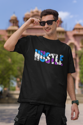 Front View Hustle Men Black Oversized T-Shirt - Kapda Kulturet