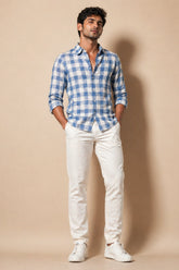 Sky Blue Check Cotton Linen Shirt