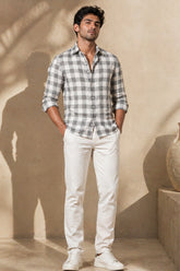 Stone Grey Check Cotton Linen Shirt