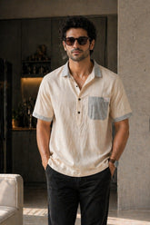 Sand Linen Cotton Contrast Pocket Shirt