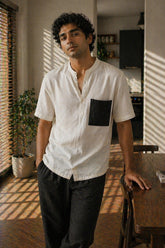 Ivory Linen Cotton Contrast Pocket Shirt