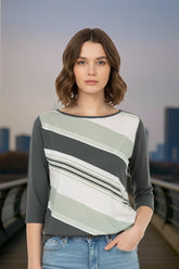 Grey Top With White and Light Green Line Women T-Shirt