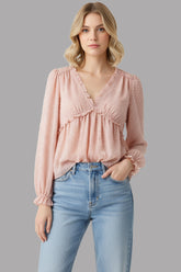 Womenās Blush Pink Textured Ruffle Top ā Elegant V-Neck Long Sleeve Blouse