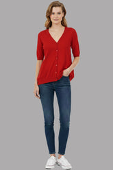Women Ruby Red Short Sleeve V-Neck Cardigan