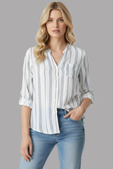Womenās White & Blue Striped Cotton Casual Shirt ā Soft Breathable