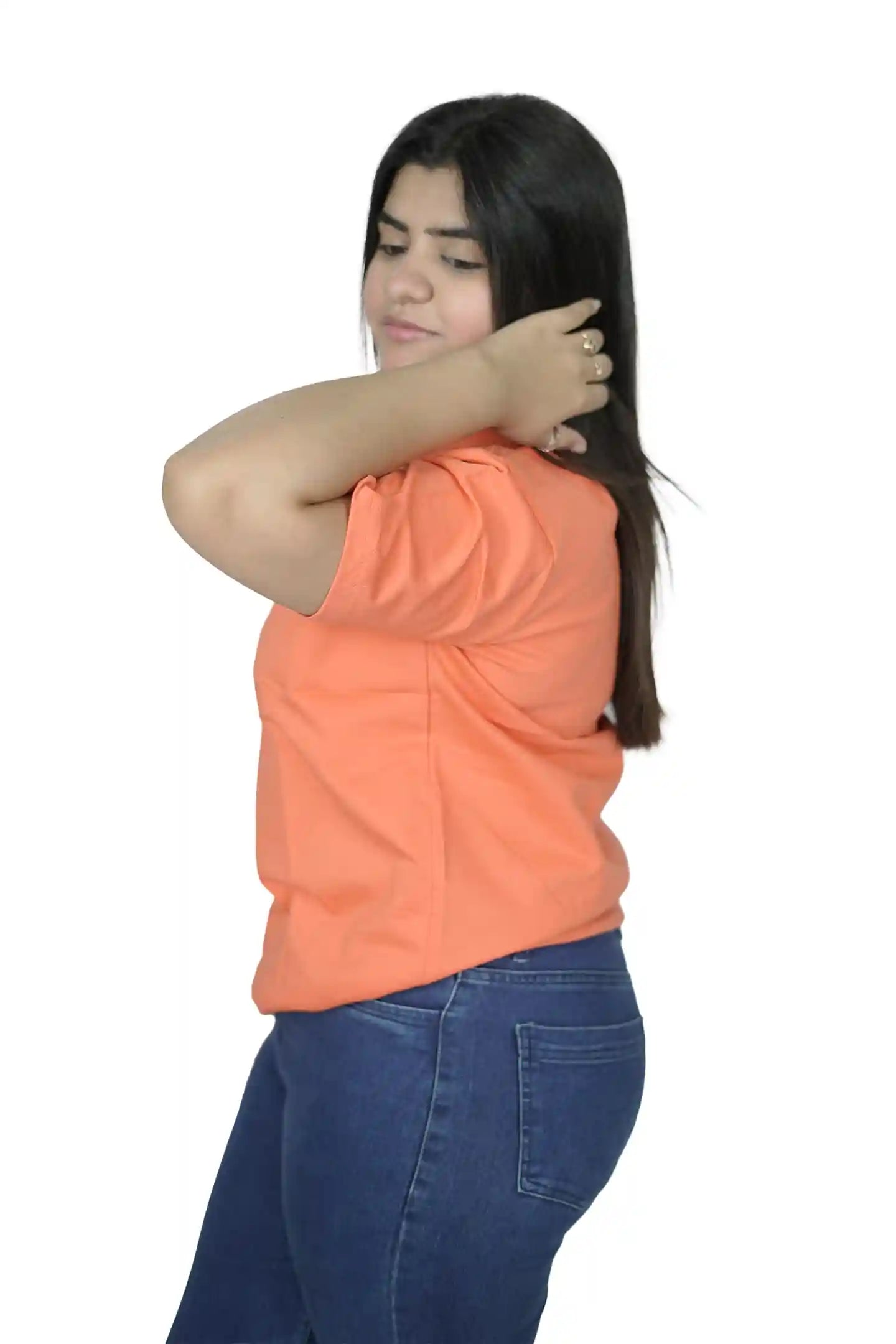 kapda kulture orange plain oversized t shirt for women front angled view