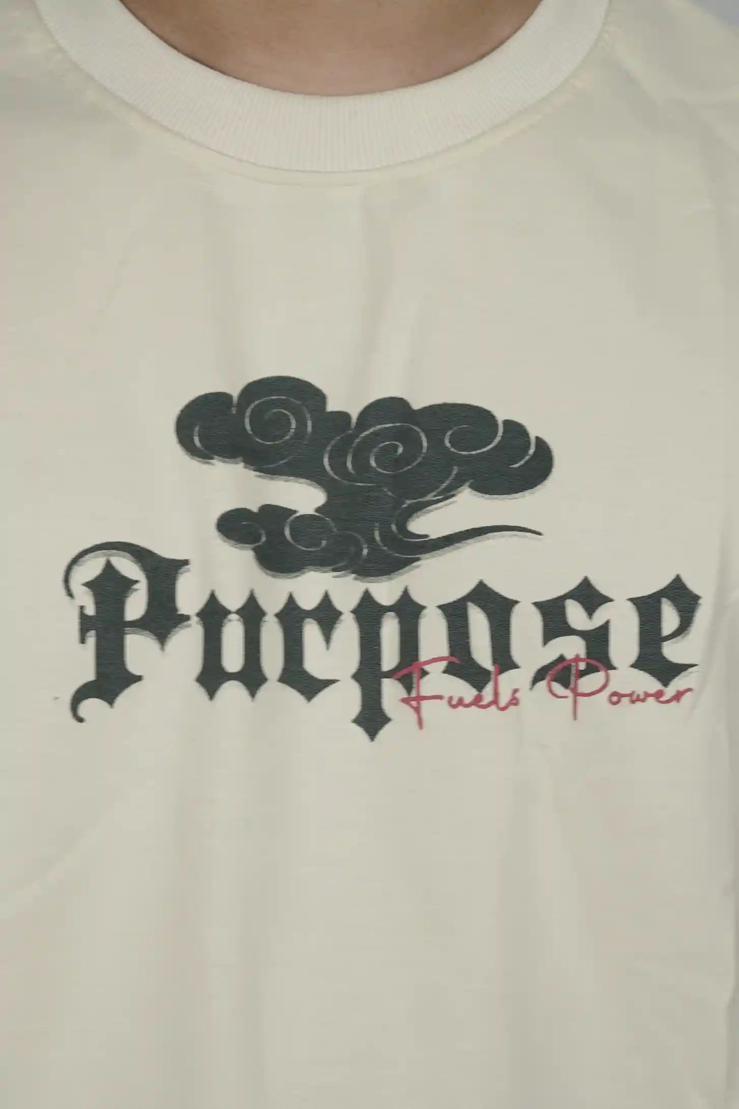 Kapda Kulture beige oversized t shirt puff print purpose text graphic close up front design