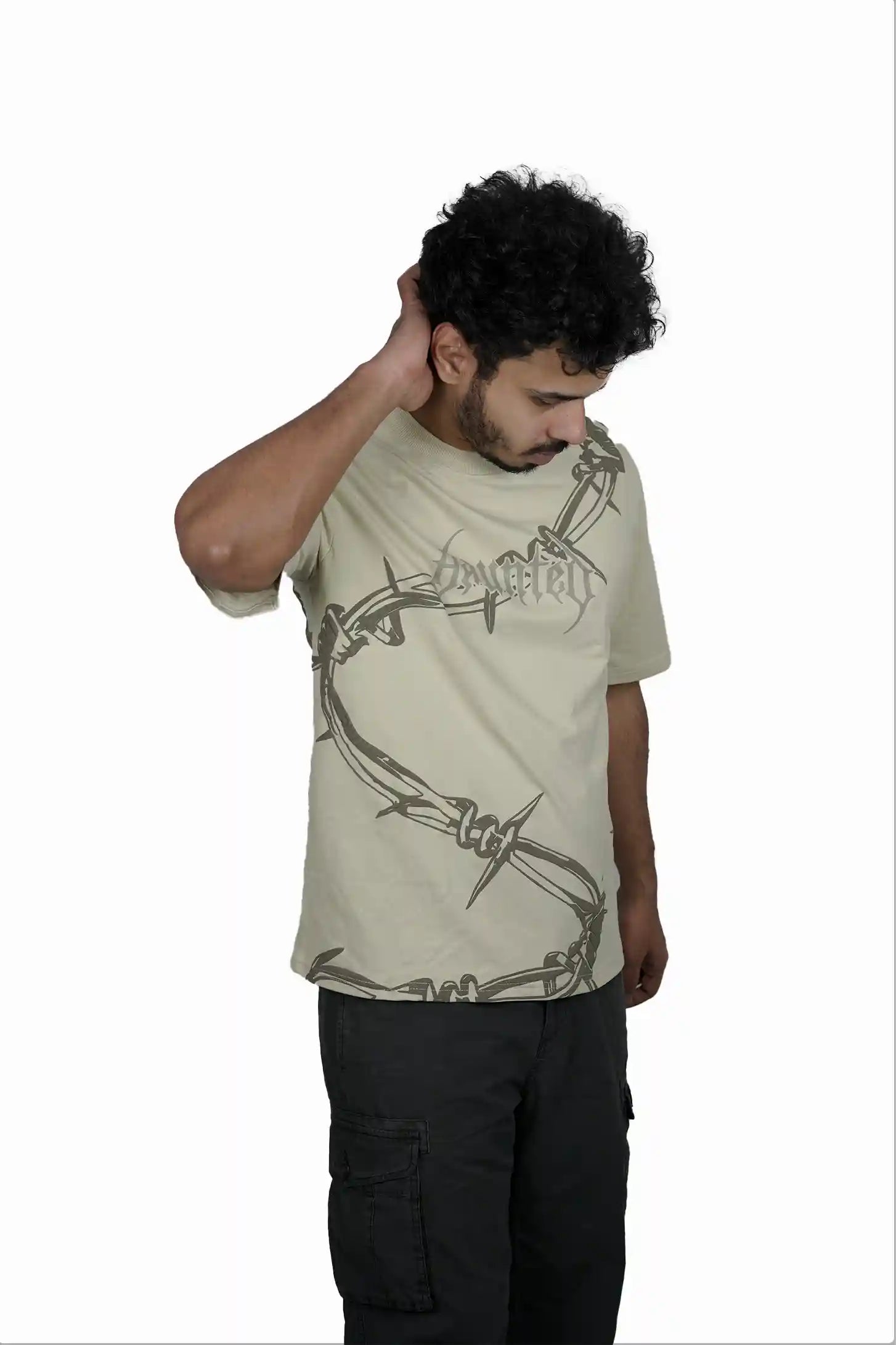 Kapda Kulture beige puff print oversized t shirt for men gothic graphic front styling streetwear