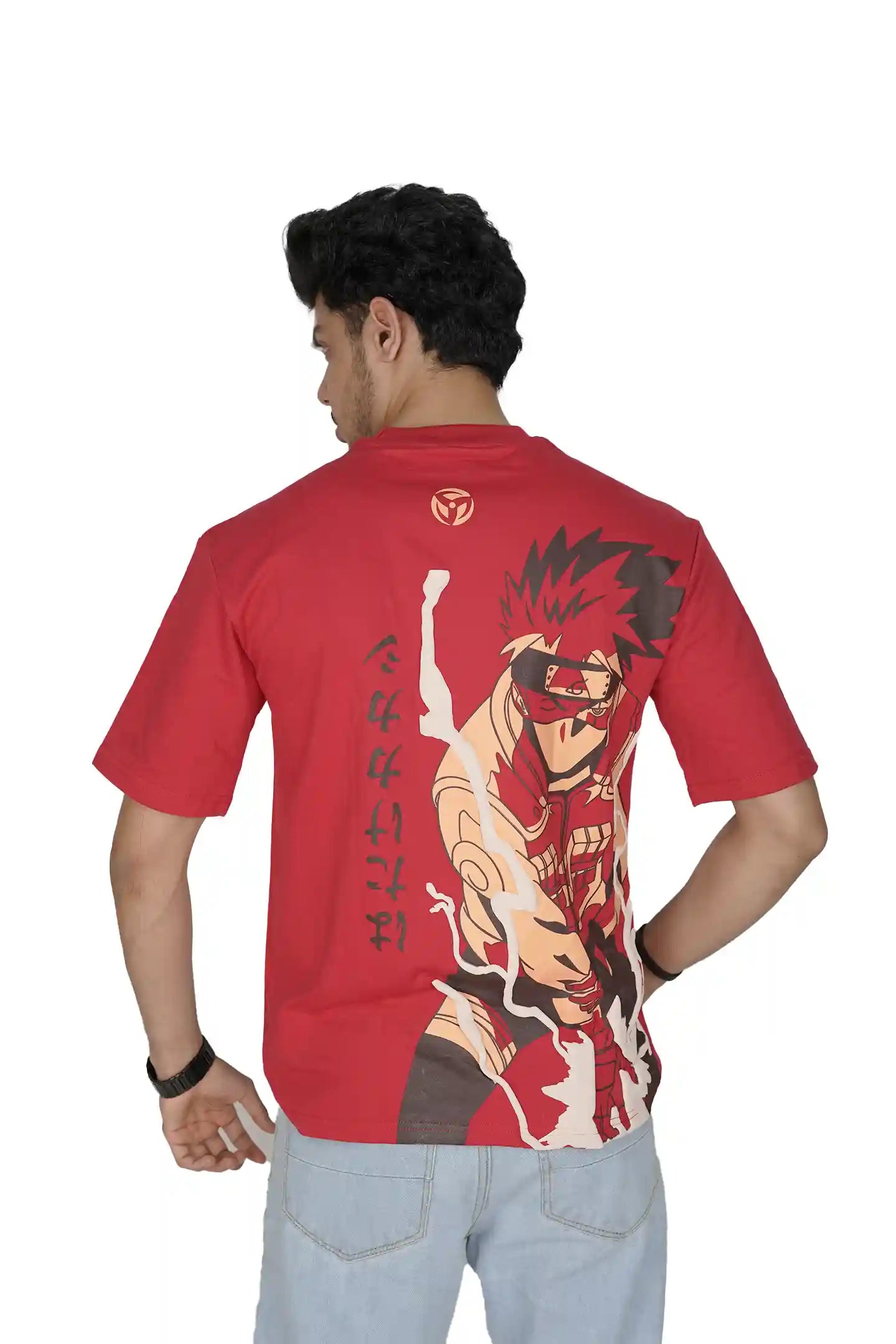Kapda Kulture red puff print oversized t shirt for men India kakashi naruto inspired anime graphic back design