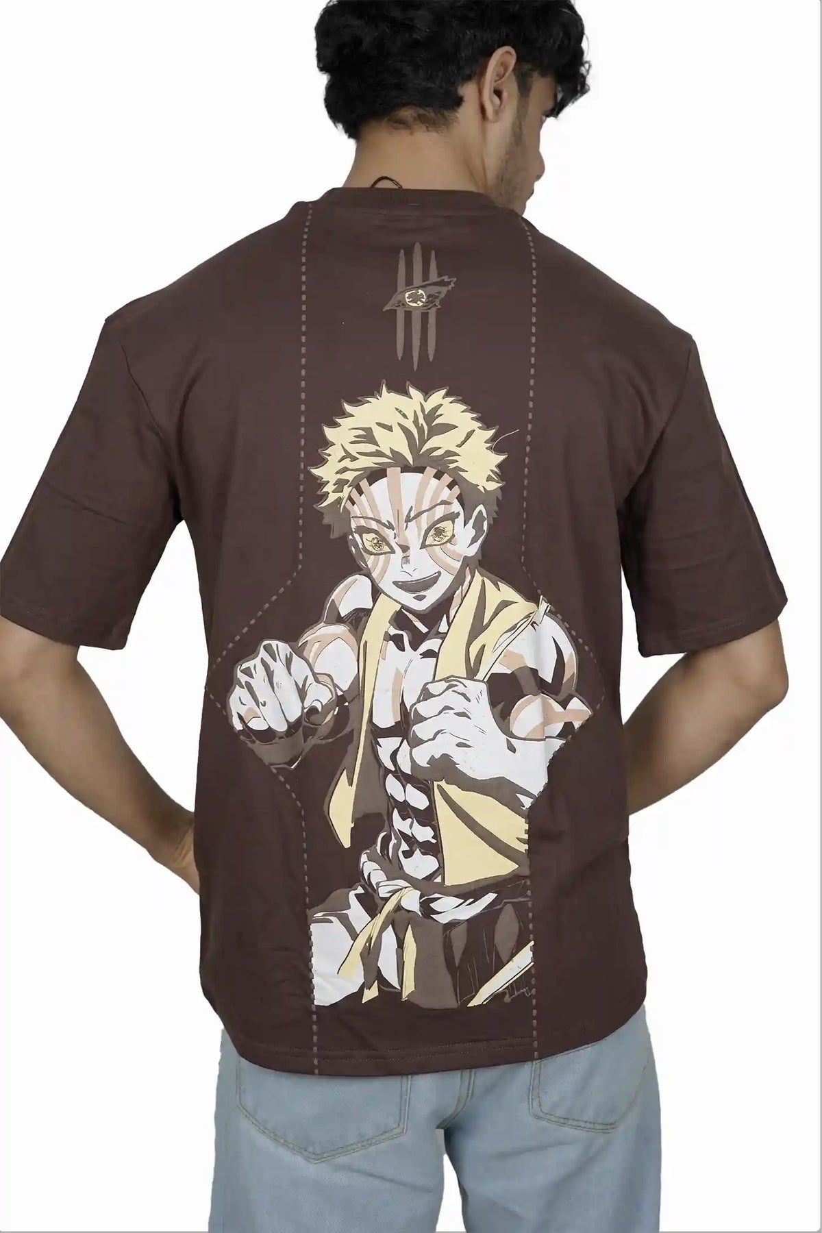 Kapda Kulture brown puff print oversized t shirt for men akaza inspired anime graphic back design streetwear