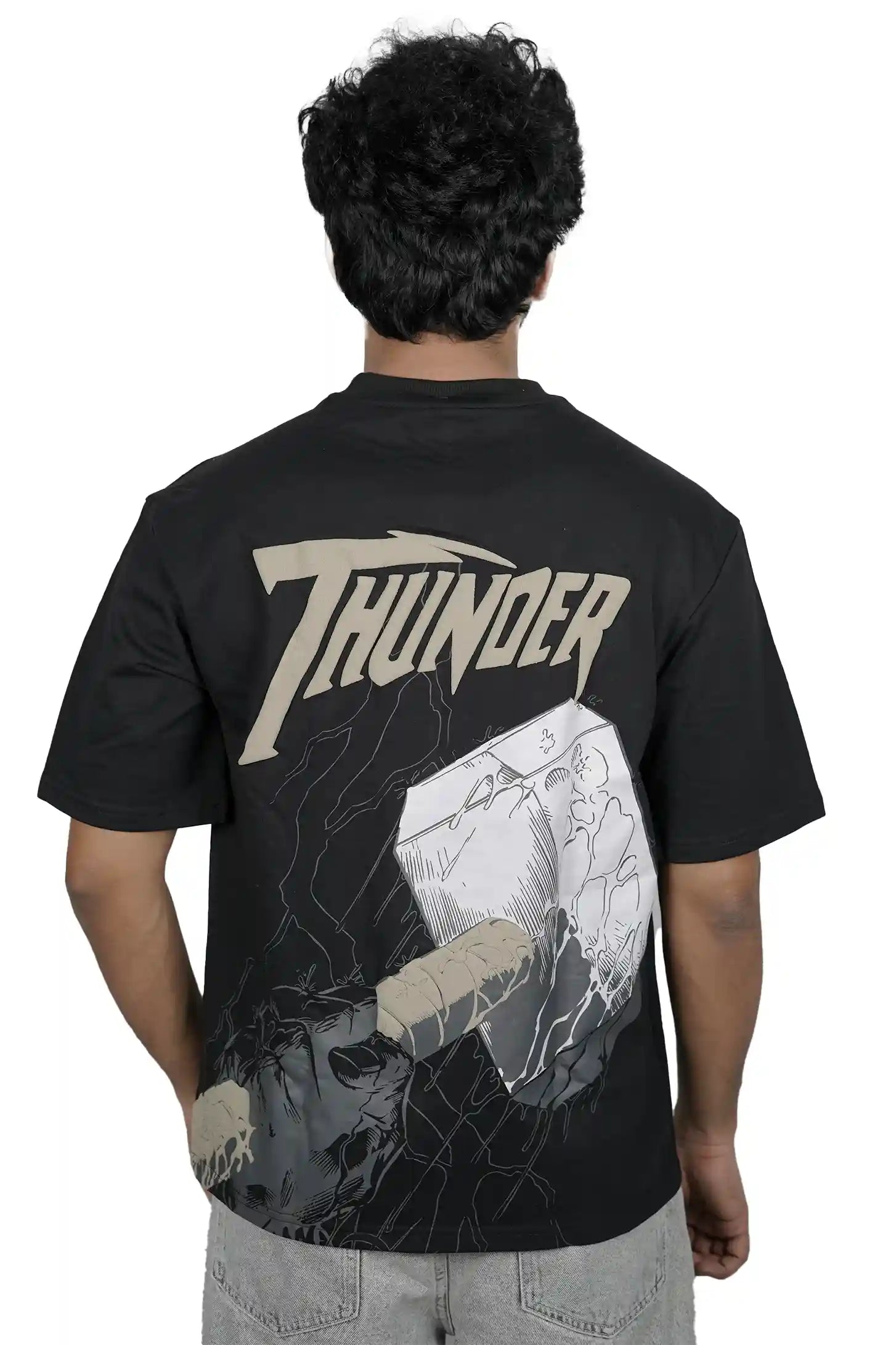 Kapda Kulture black puff print oversized t shirt for men India Thor graphic back view