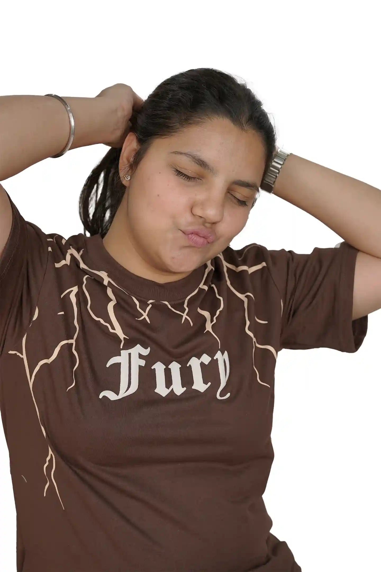 kapda kulture dark brown fury puff print t shirt for women front pose view
