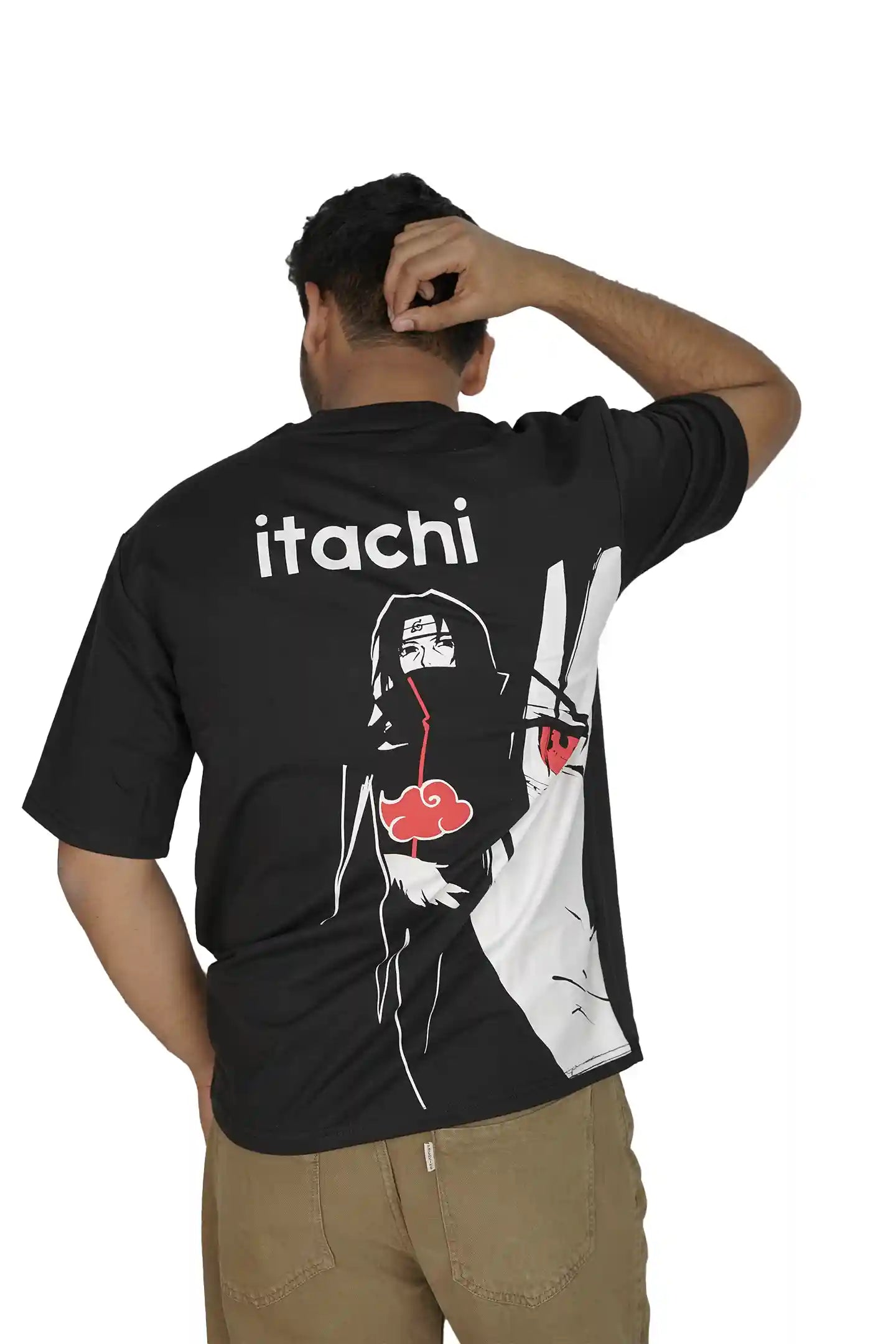Kapda Kulture black puff print oversized t shirt for men India itachi uchiha naruto inspired graphic back standing  view