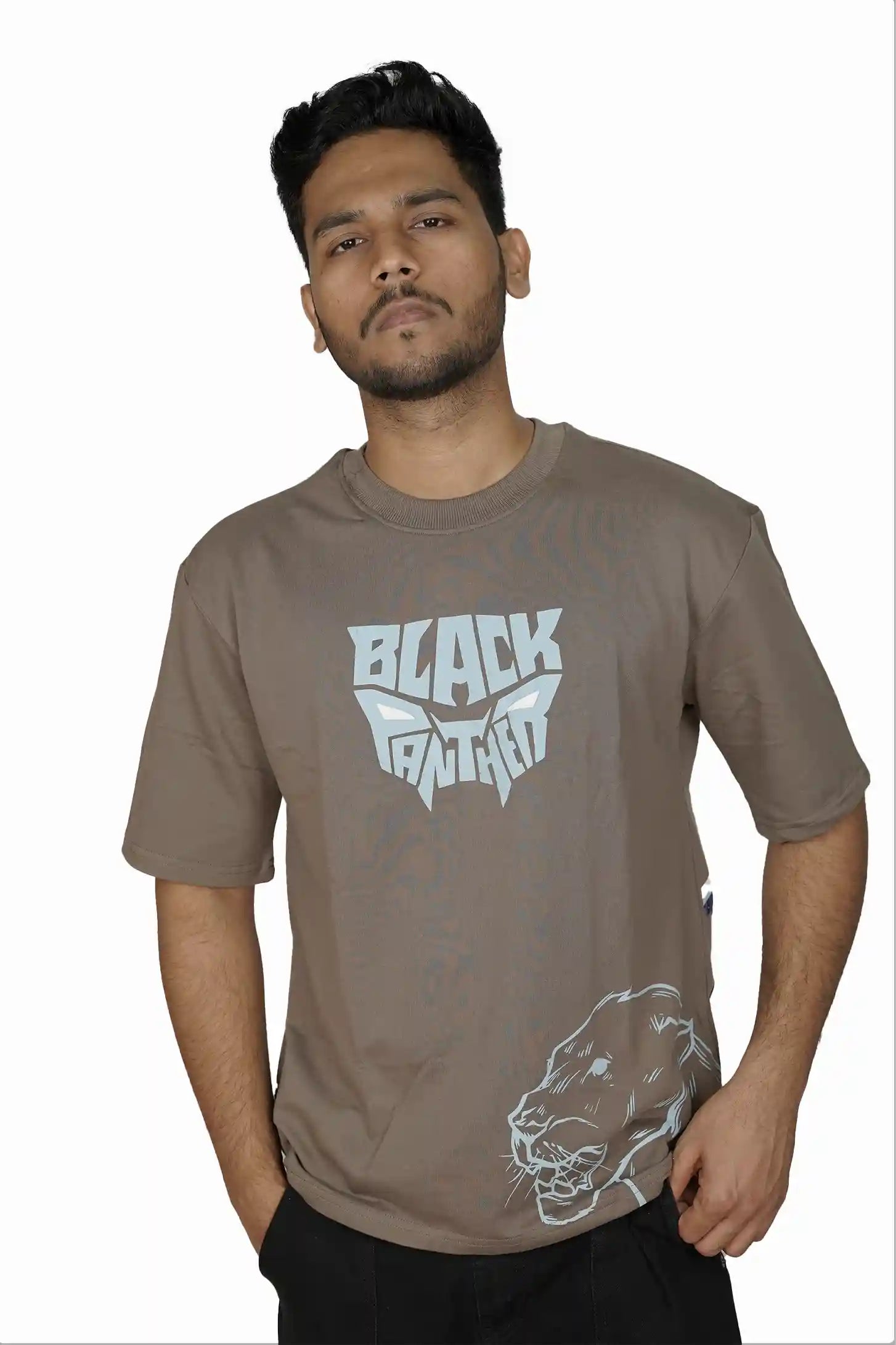 Kapda Kulture grey puff print oversized t shirt for men India panther graphic front view