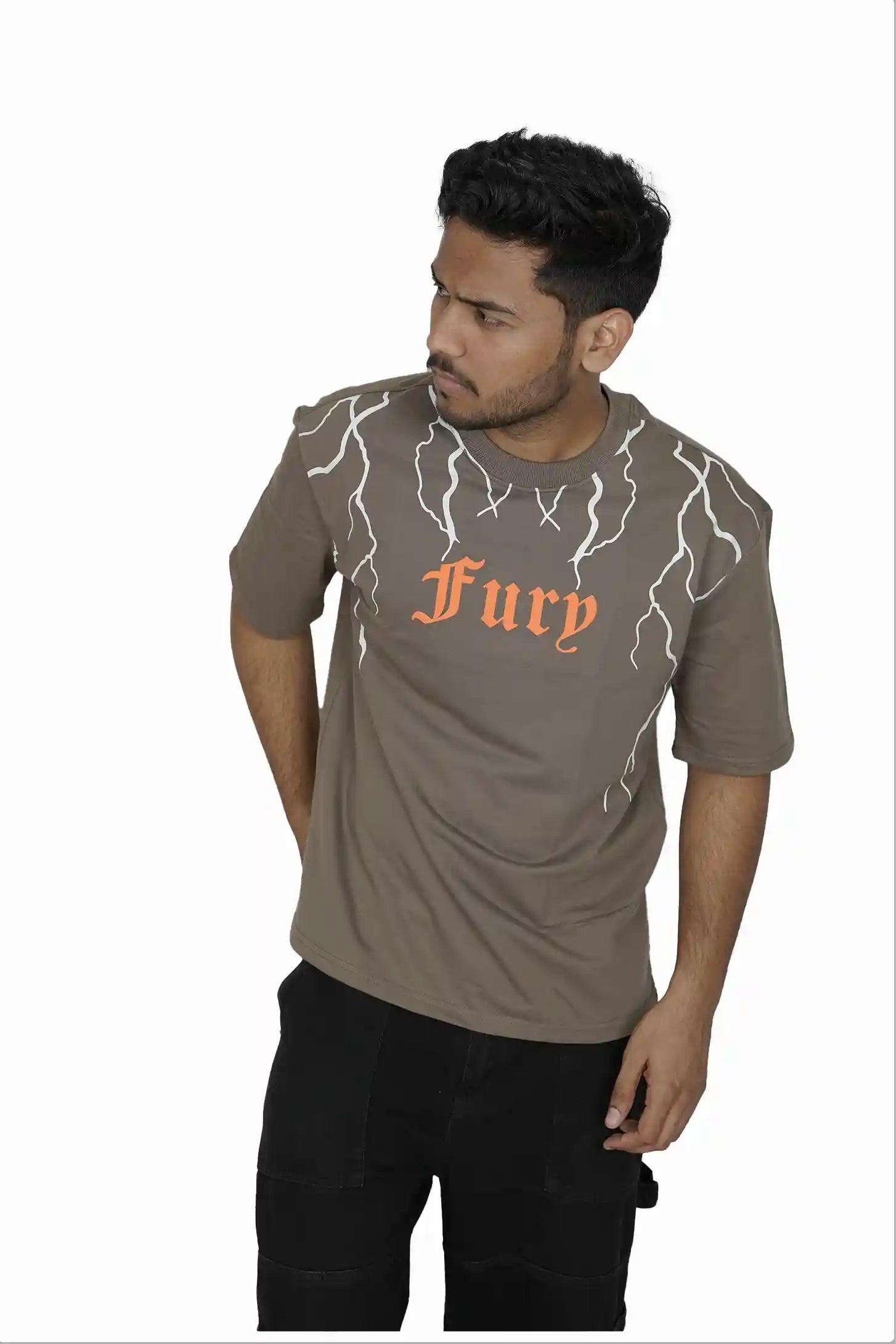 Kapda Kulture grey puff print oversized t shirt for men India Fury model pose