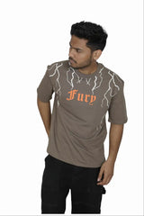 Kapda Kulture grey puff print oversized t shirt for men India Fury model pose