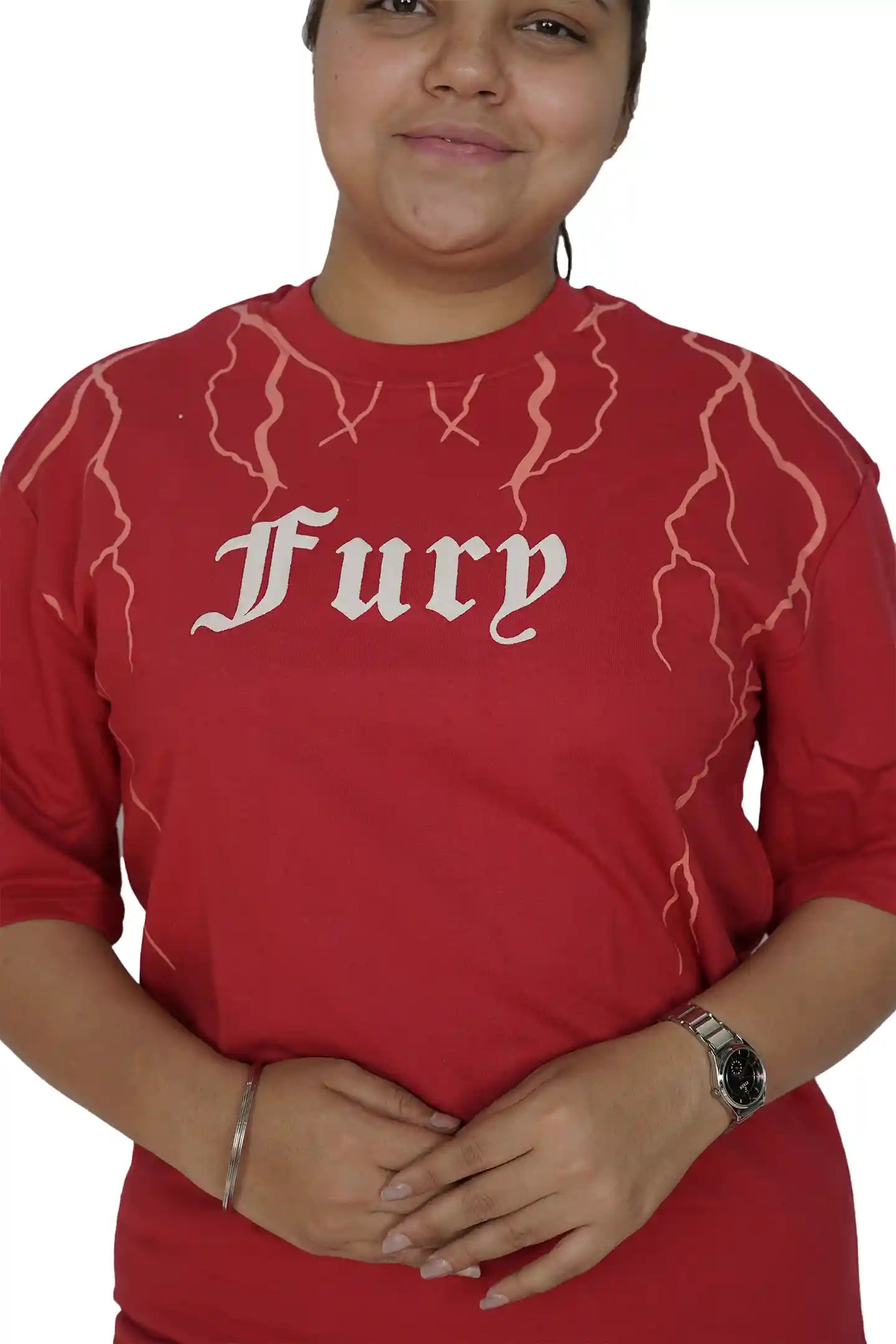 kapda kulture red fury puff print t shirt for women front close view
