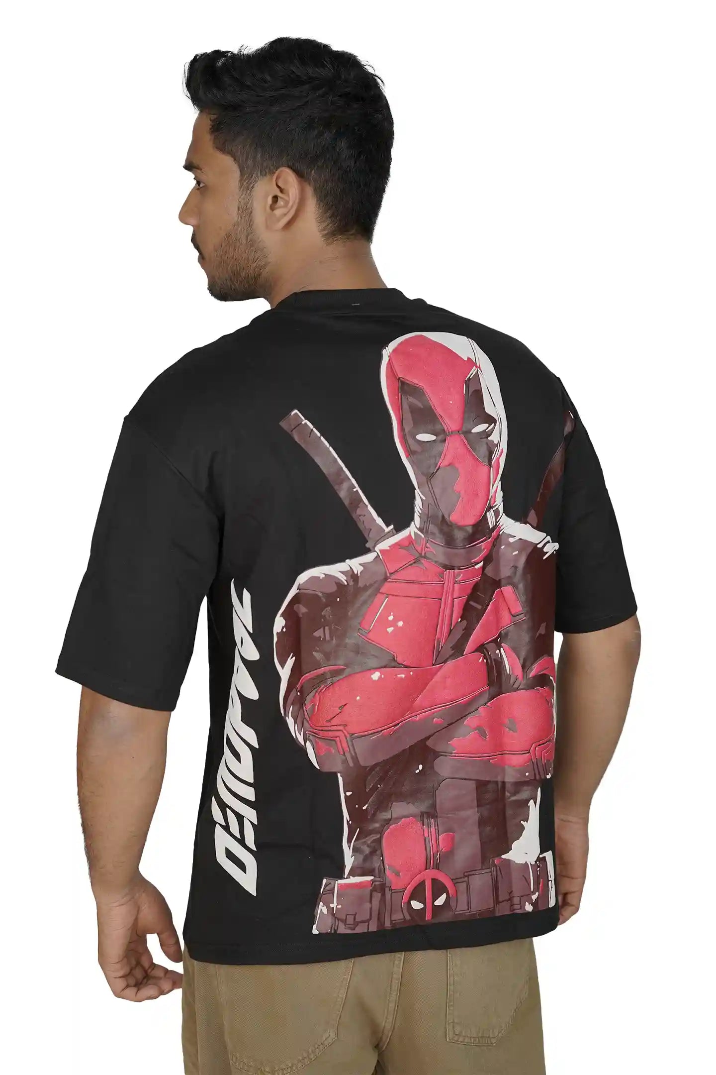 Kapda Kulture black puff print oversized t shirt for men India deadpool inspired graphic back view