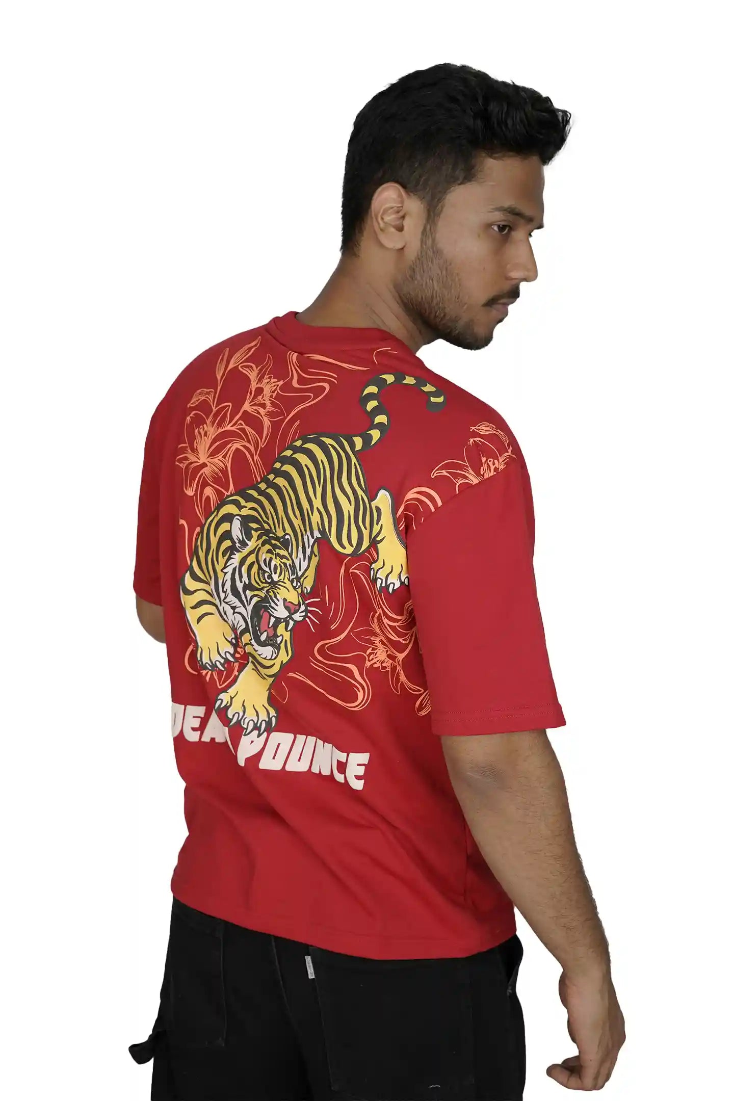 Kapda Kulture red puff print oversized t shirt for men tiger graphic back view streetwear