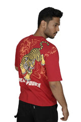 Kapda Kulture red puff print oversized t shirt for men tiger graphic back view streetwear