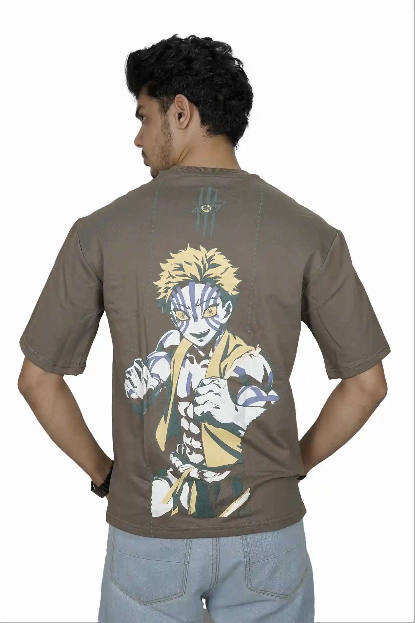 Kapda Kulture olive oversized t shirt puff print anime graphic streetwear side profile look