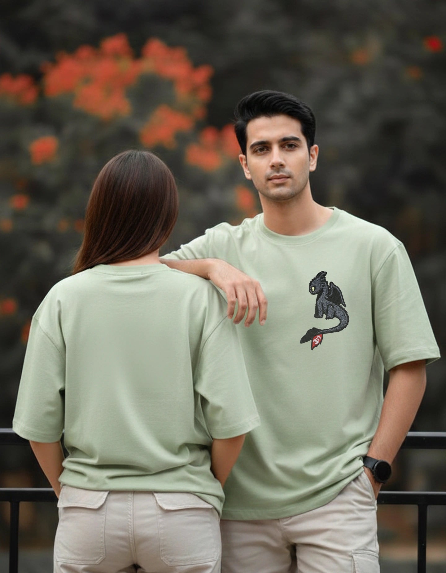 matching couple t shirts front and back view green oversized tees for men and women India Kapda Kulture