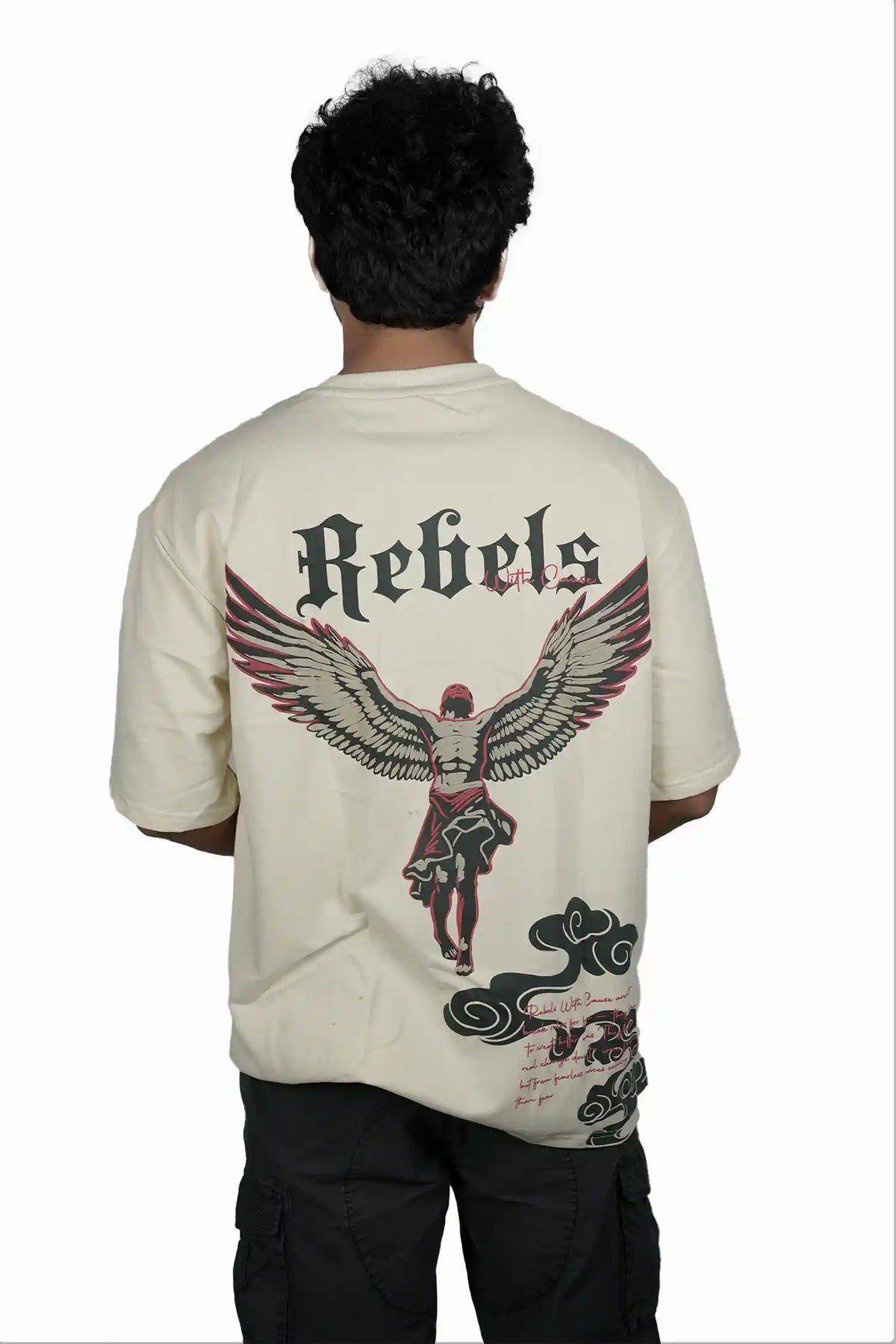 Kapda Kulture beige puff print oversized t shirt for men India rebels graphic back view streetwear
