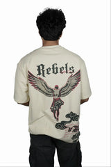 Kapda Kulture beige puff print oversized t shirt for men India rebels graphic back view streetwear