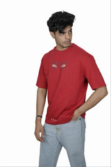 Kapda Kulture red oversized t shirt puff print streetwear side profile styling walking 