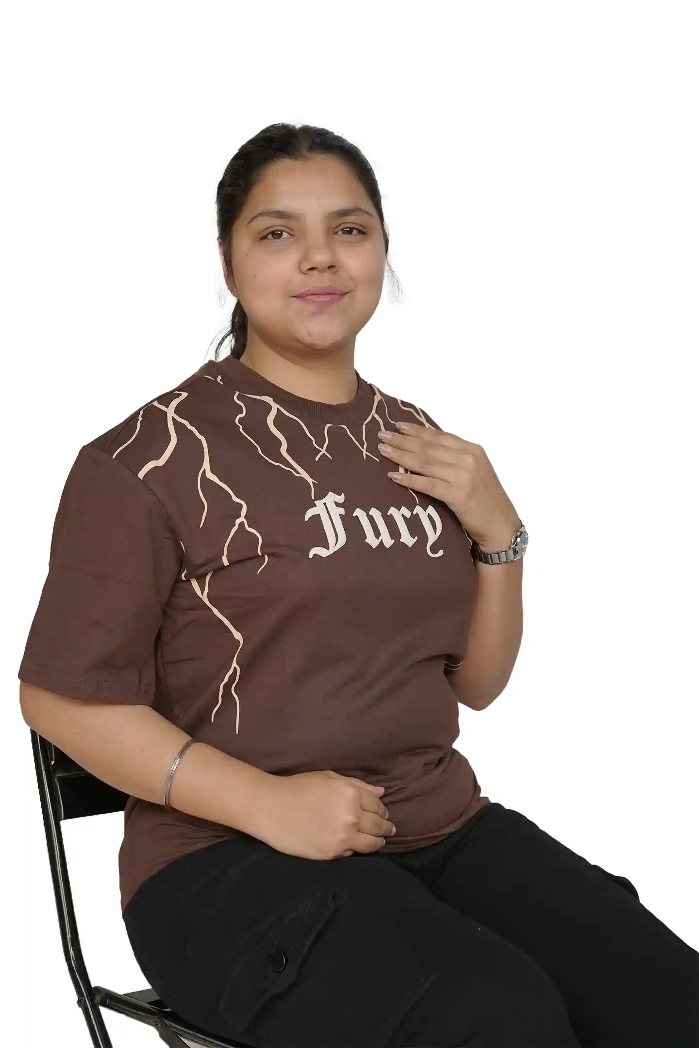 kapda kulture dark brown fury puff print t shirt for women sitting lifestyle view
