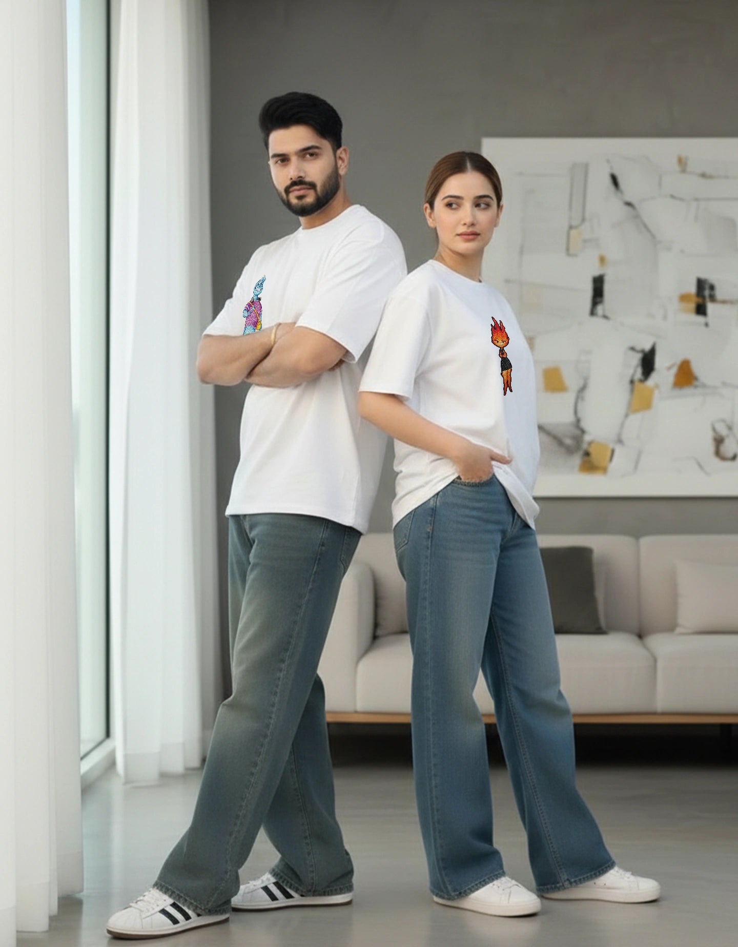 Stylish couple in coordinated white oversized t-shirts with a clean minimal look