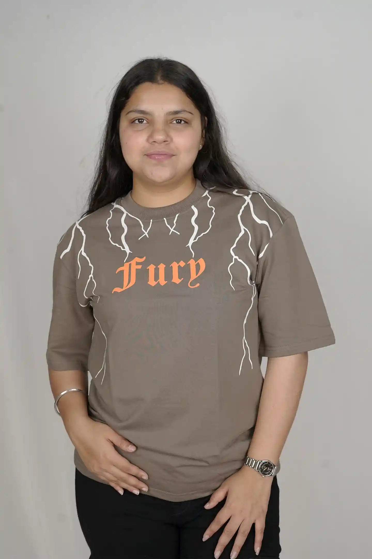 kapda kulture grey fury puff print t shirt for women front view
