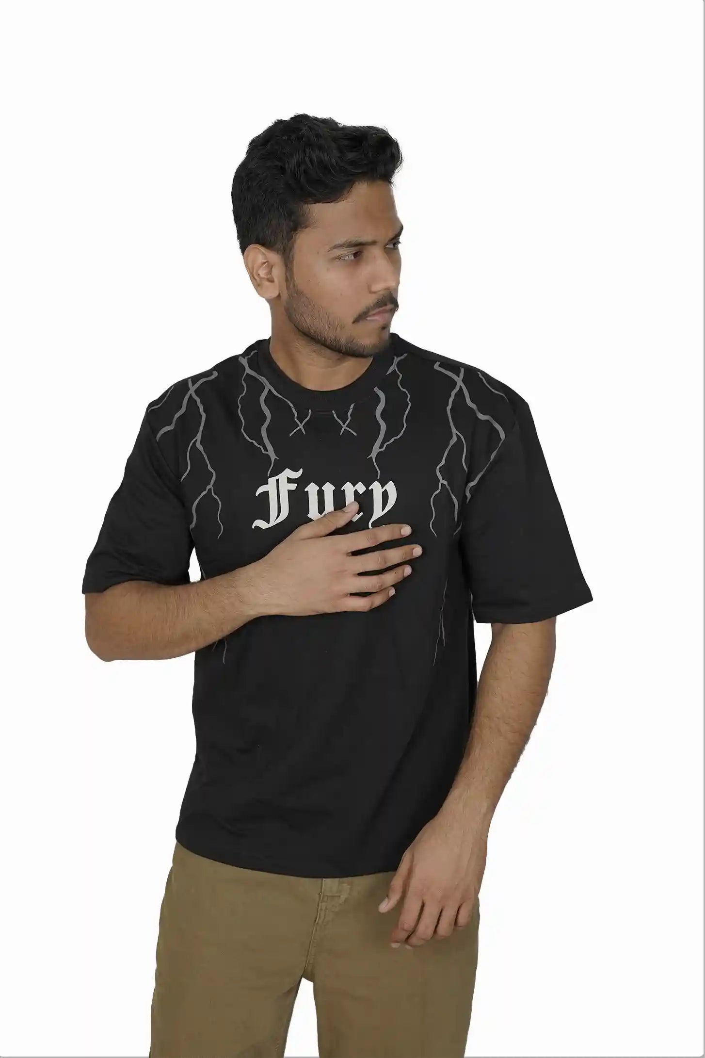 Kapda Kulture black puff print oversized t shirt for men India Fury front view