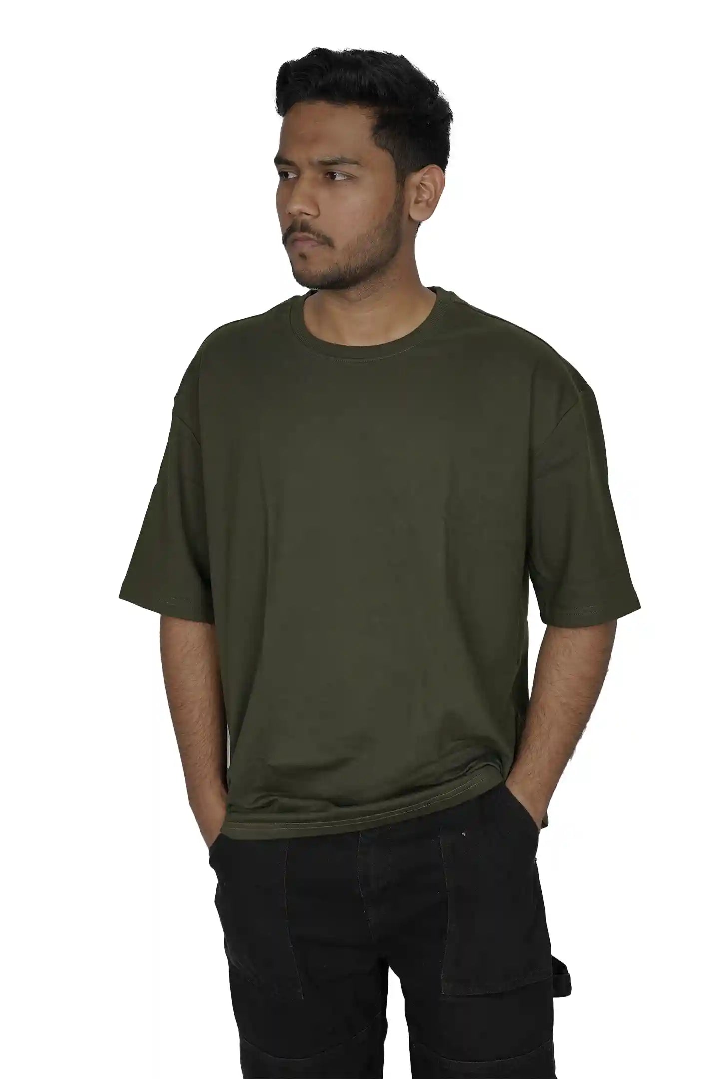 Kapda Kulture olive plain oversized t shirt for men India front view