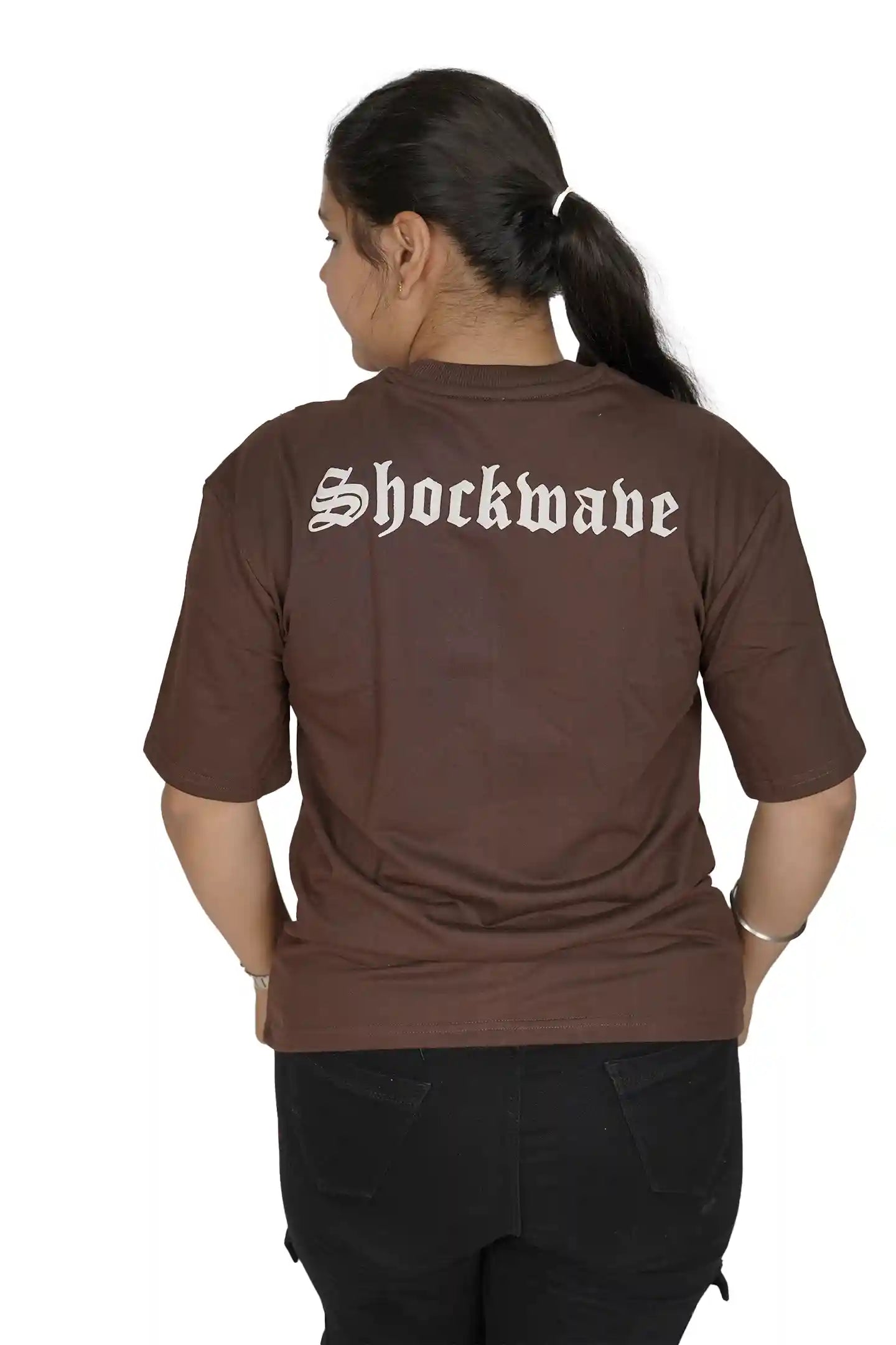 kapda kulture dark brown fury puff print t shirt for women back angled view
