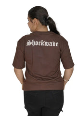kapda kulture dark brown fury puff print t shirt for women back angled view
