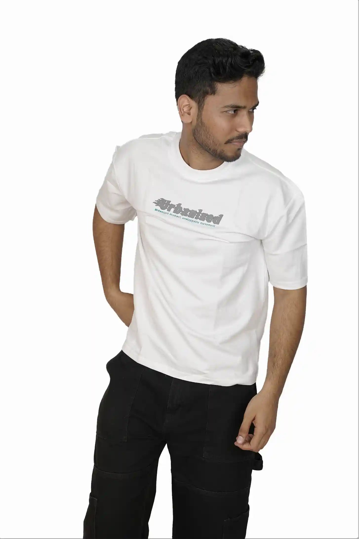 Kapda Kulture white puff print oversized t shirt for men India urban graphic front styling