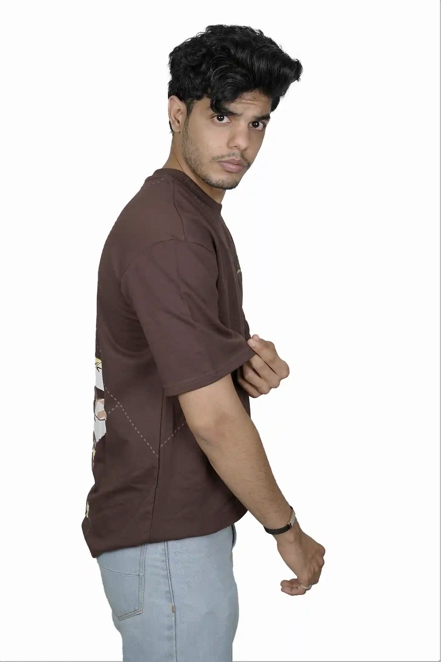 Kapda Kulture brown oversized t shirt puff print streetwear side profile styling