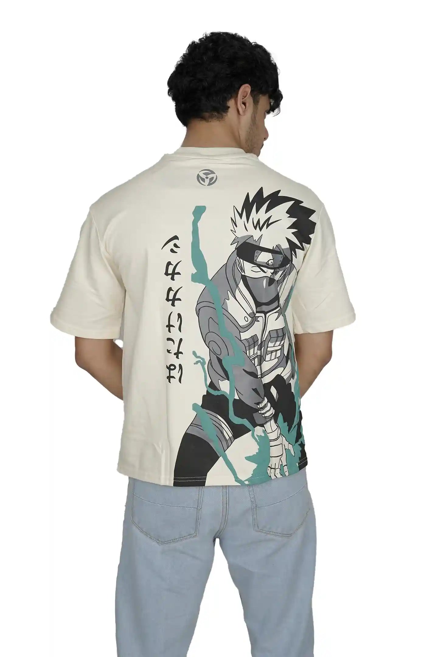 Kapda Kulture beige puff print oversized t shirt for men India anime ninja graphic back view