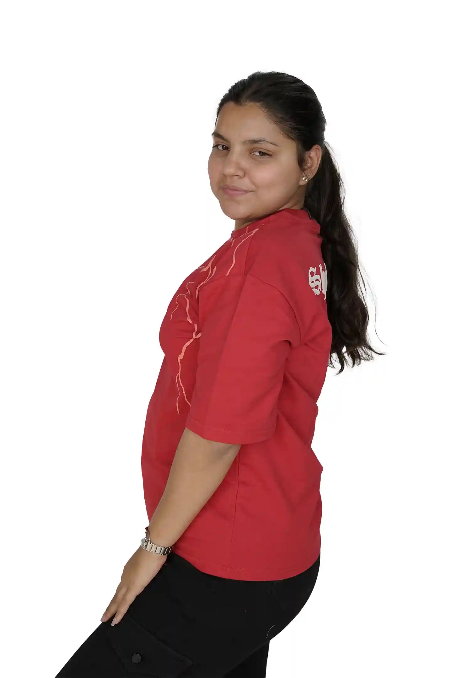 kapda kulture red fury puff print t shirt for women side view
