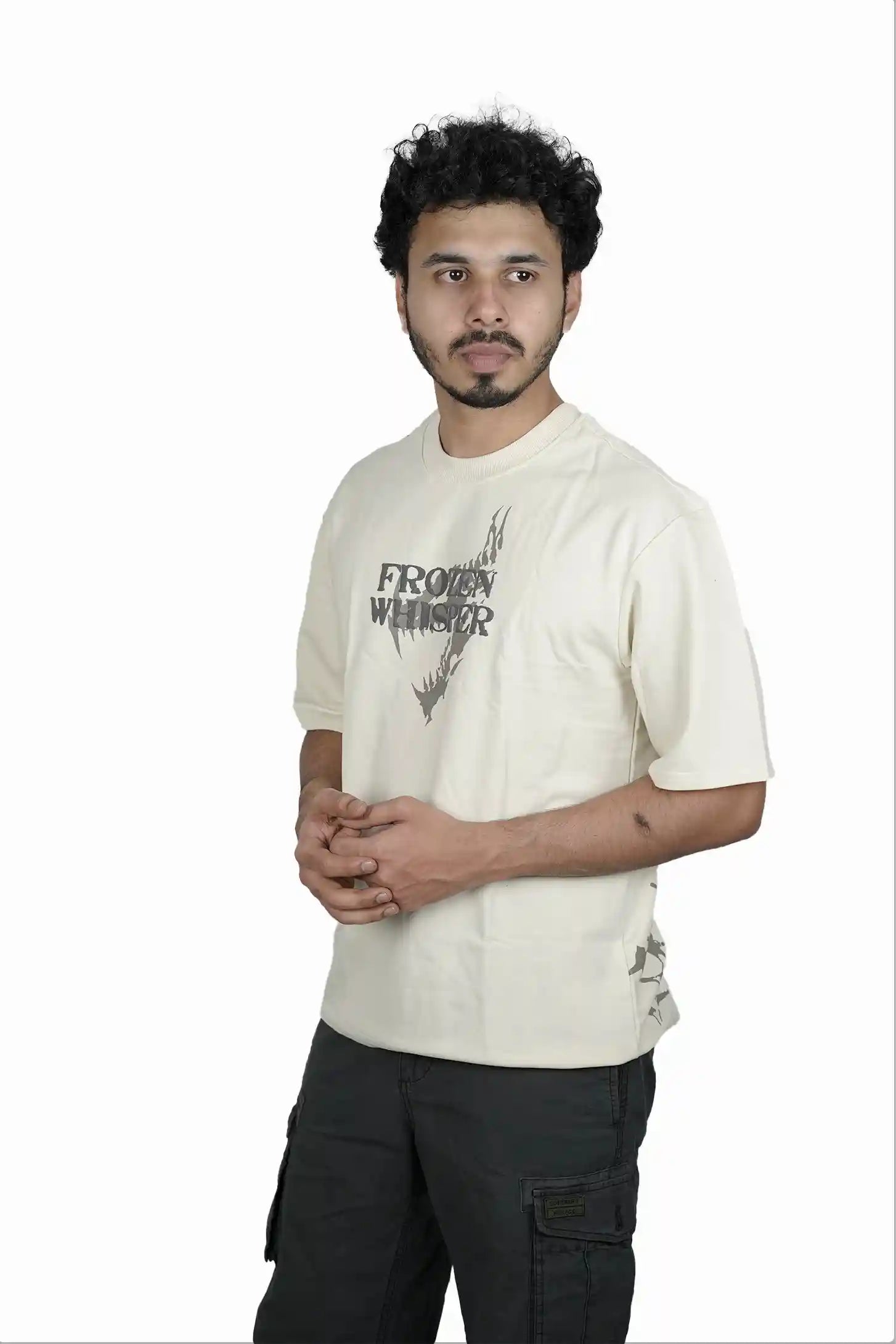 Kapda Kulture beige puff print oversized t shirt casual streetwear front styling