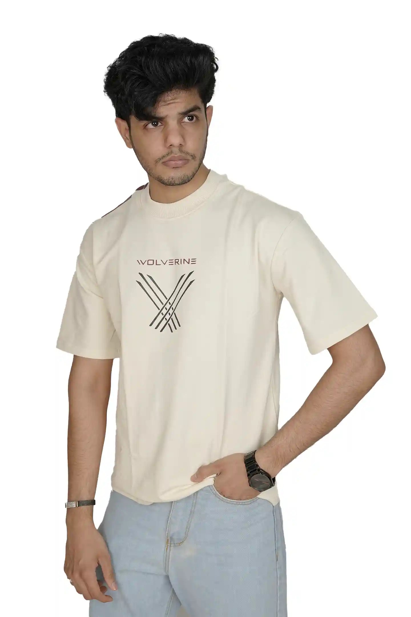 Kapda Kulture beige puff print oversized t shirt for men casual streetwear front view