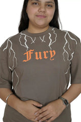 kapda kulture grey fury puff print t shirt for women front close view
